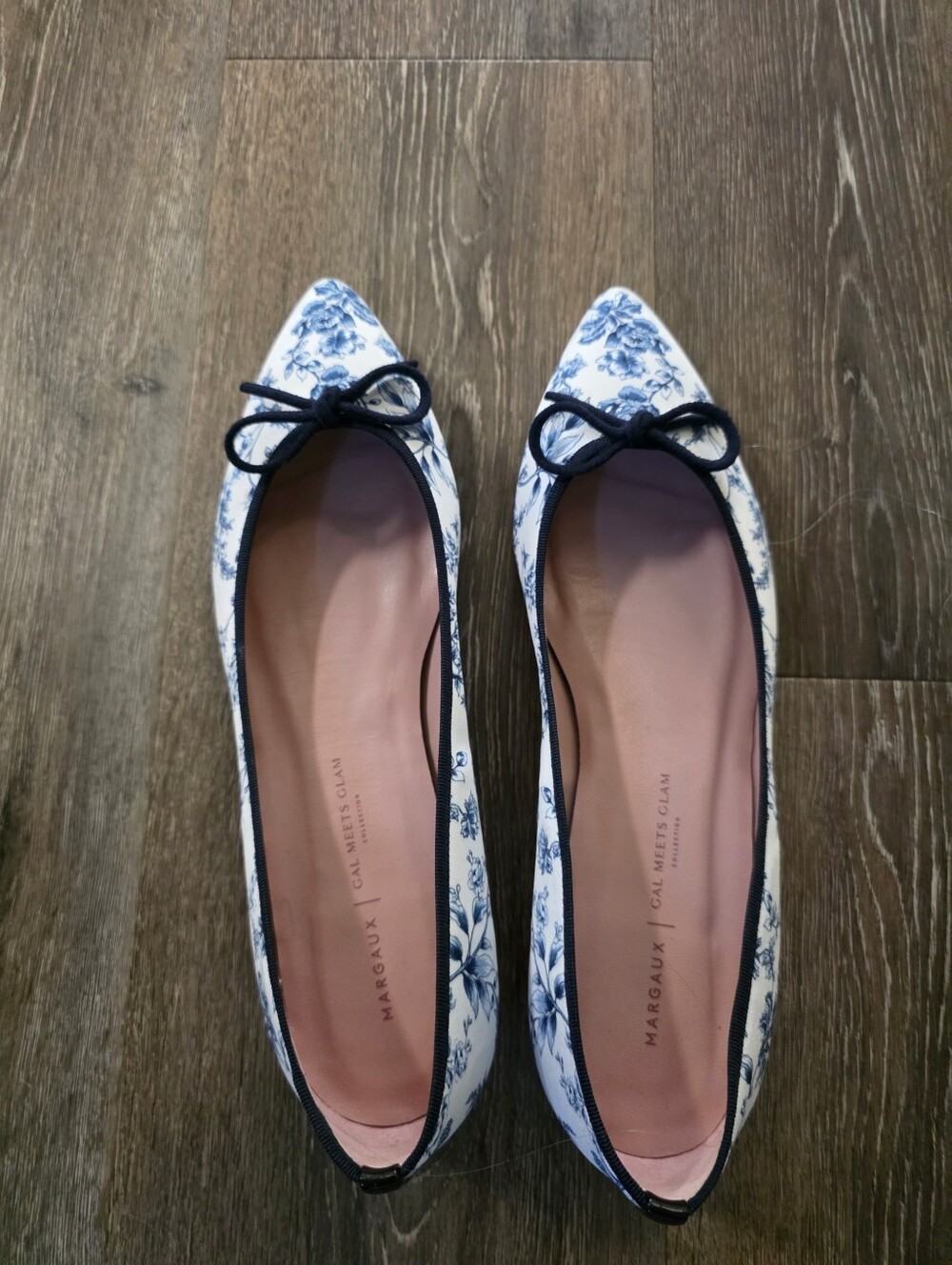 Margaux White Ballet Flat with Blue Floral Print and Black Trim